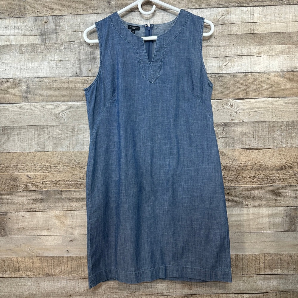 Talbots Womens Chambray Blue Mini Shift Dress V-Neck Sleeveless Zip Back 8P